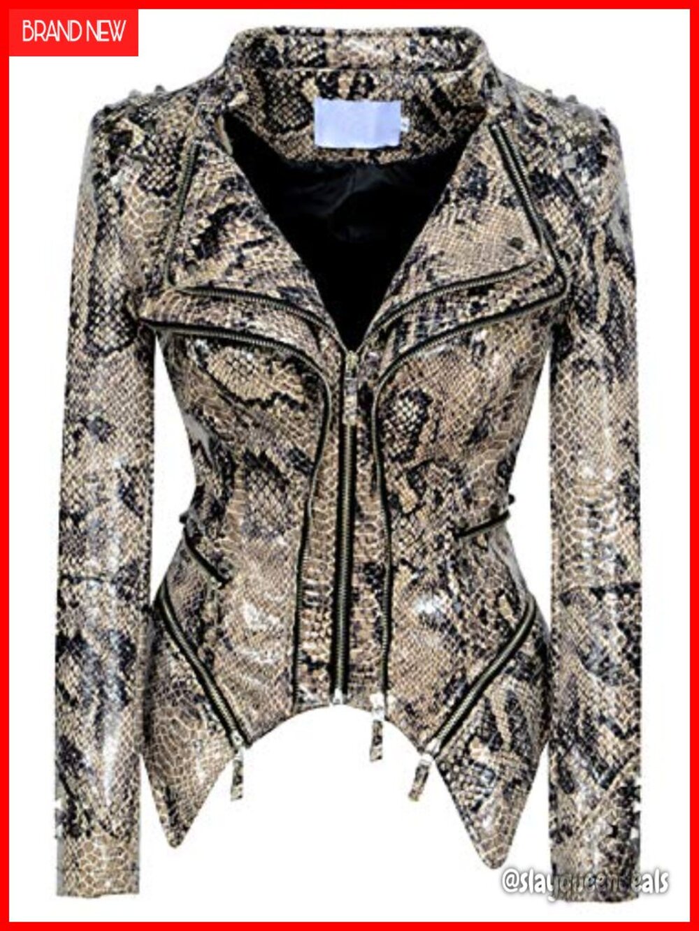 Women's Snake Print Studded Faux Leather Moto Biker Jacket Slim Fit